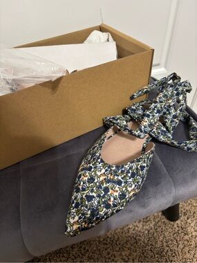 Anthropologie Navy White Yellow Floral Lace-Up Pointed Ballet Flats